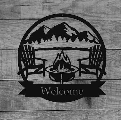 Mountain Retreat Metal Sign - Rustic Fire Pit and Chairs Wall Decor